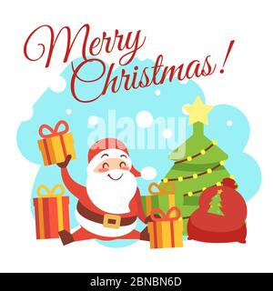 Christmas card vector template with cute cartoon character Santa, christmas tree and gift boxes. Illustration of merry xmas card Stock Vector
