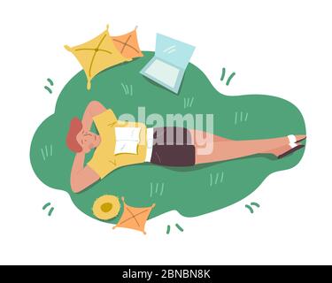 Young redhead freelance worker student lying on the green grass with a book, laptop and yellow pillows. Top view. Relaxation. Simple background. Vecto Stock Vector
