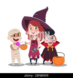 Halloween trick or treat kids in festive costumes with candies isolated on white background. Halloween happy boy and girl, vector illustration Stock Vector