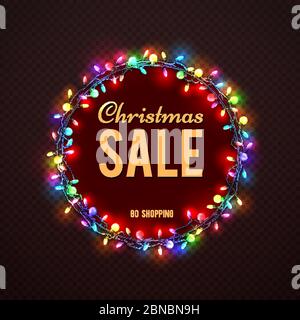 Christmas Sale banner template with colorful lights. Vector christmas holiday sale, banner light xmas garland illustration Stock Vector
