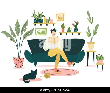 Guy is sitting on the coach and reading an interesting book in cozy and nice living room. Black cat is sleeping on the carpet around him. A lot of dif Stock Vector