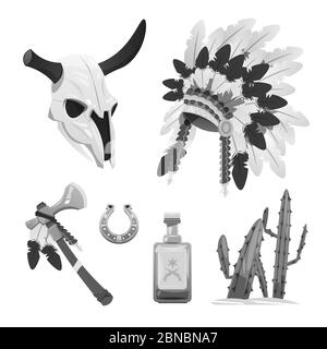 Grey halftones tribal indian vector objects - buffalo skull, headdress, tomahawk illustration Stock Vector