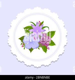 Floral plate decor vector design. Banner with colorful bouquette with green leaves illustration Stock Vector