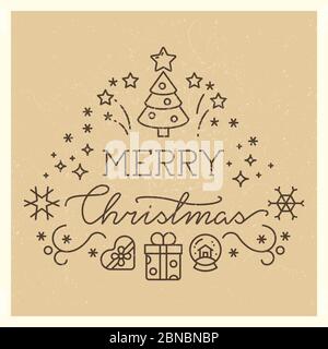 Festive X-mas vintage banner with line art icons. Vector illustration Stock Vector