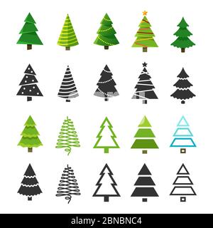 Flat christmas winter trees with festive xmas decoration and black fir tree silhouettes vector collection. Christmas winter tree big set Stock Vector
