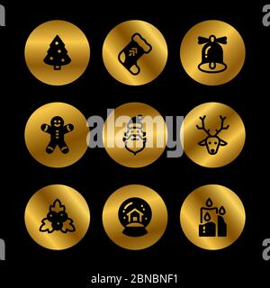 Christmas holiday symbols. Winter xmas silhouette black icons on gold rounds. Vector illustration Stock Vector