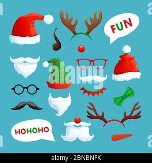 Christmas photo booth. Santa hats, mustache, beard and reindeer antlers xmas props vector collection. Santa hat and xmas booth reindeer antlers and mustache claus illustration Stock Vector