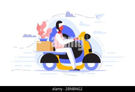 A courier in helmet rides a scooter to quickly and efficiently deliver the package to the client who ordered goods. Delivery service concept. Trendy a Stock Vector