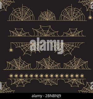 Gold Halloween vector frame border and dividers with spider web isolated on black background illustration Stock Vector