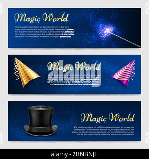 Horizontal banners template set with magic wand, top hat and party hats illustration Stock Vector