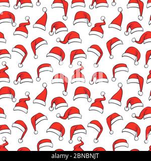 Christmas seamless pattern with hand drawn red Santa hats. Vector illustration Stock Vector