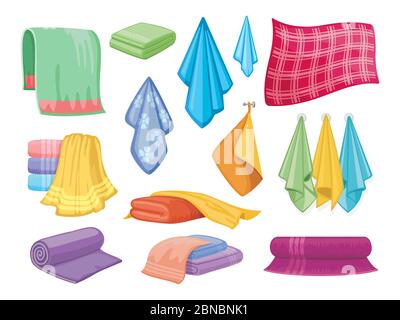 Cotton fabric vector towel. Bathroom and kitchen towels household and hygiene symbols isolated on white background illustration Stock Vector