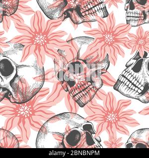 Fashion seamless pattern with hand drawn sculls and flowers background, vector illustration Stock Vector