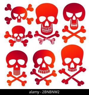 Human skulls isolated on white background. Danger colors skulls icons set illustartion Stock Vector