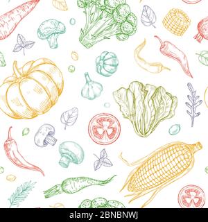 Sketch vegetables seamless pattern. Vegetable soup organic farm food vector vegetal background. Illustration of organic food pattern vegetable Stock Vector