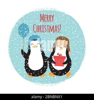 Merry Christmas cute penguins vintage card design isolated on white illustration Stock Vector