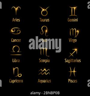 Hand drawn zodiac vector symbols shine gold effect. Astrology zodiac horoscope, virgo and aries, aquarius and gemini illustration Stock Vector