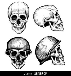 Hand drawn vector death scary human skulls vintage style isolated on white background illustration Stock Vector