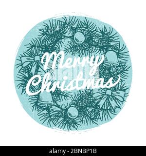 Round vintage Christmas banner with hand drawn wreath and text Merry Christmas isolated on white. Vector illustration Stock Vector