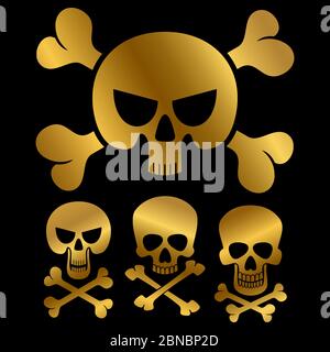Gold piracy skulls icons of collection isolated on black background. Vector illustration Stock Vector