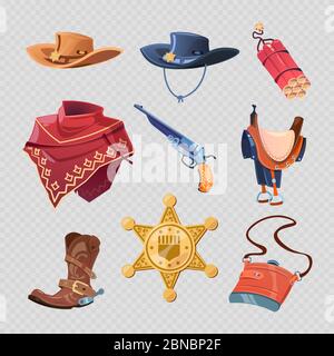 Stylish cowboy or western sheriff clothers and accessorises isolated on transparent background. Vector illustration Stock Vector
