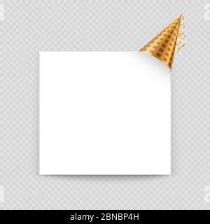 Greeting card vector template with blank paper sheet and party hat illustration isolated on grey Stock Vector