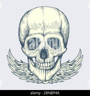 Sketched human skull with wings - vintage biker style poster, label vector design isolated on background Stock Vector