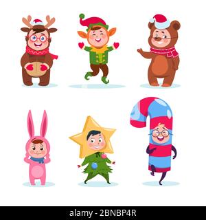 Kids wearing christmas costumes. Cartoon happy children greeting christmas. Winter holiday vector characters. Illustration of character childhood costume, funny child greeting holiday Stock Vector