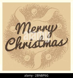 Vintage Christmas vector card template with hand drawn wreath illustration Stock Vector