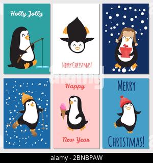Holidays greetings cards vector template. Cute penguins Christmas cards design illustration Stock Vector