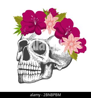 Human skull sketch with floral wreath isolated on white background isolated on white illustration Stock Vector