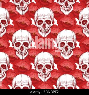 Human skull sketch and red poppy flowers seamless pattern illustration background Stock Vector