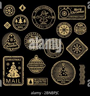 New Year and Christmas vector vintage stamps isolated on black background illustration isolated on black background Stock Vector