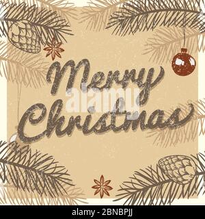 Merry christmas vintage greeting card. Winter holiday vector background with hand drawn fir tree branches and pines illustration Stock Vector