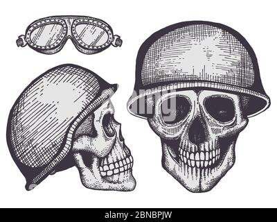 Vintage style bikers human skulls isolated on white background. Vector illustration Stock Vector