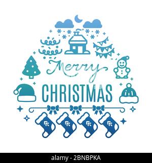 Merry Christmas colorful banner with festive icons silhouette isolated on white background illustration Stock Vector