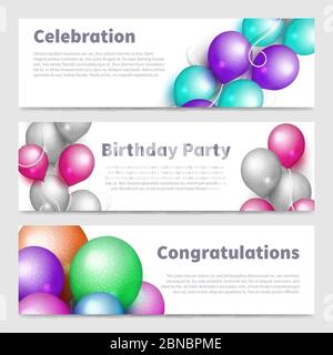 Birthday party banners with celebration realistic balloons vector set isolated on white illustration Stock Vector