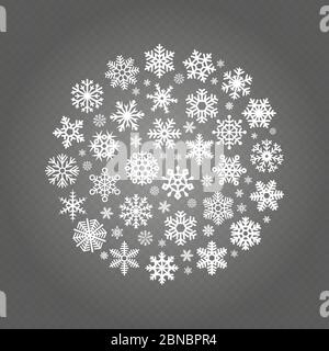 White snowflakes round banner isolated on transparent background. Vector illustration Stock Vector