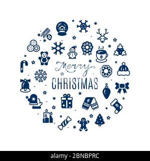 Round vector banner Merry Christmas with festive icons silhouettes isolated on white background illustration Stock Vector