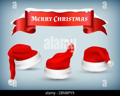 Winter Christmas banner vector template with realistic Santa hats and snowy red ribbon illustration Stock Vector