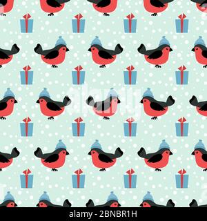Winter holidays seamless pattern with cartoon bullfinch in hat and gift box background illustration vector Stock Vector
