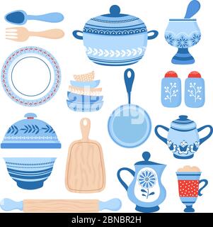 Crockery ceramic cookware. Blue porcelain bowls, dishes and plates. Kitchen tools vector collection. Illustration of cookware and pot, plate and jug illustration Stock Vector