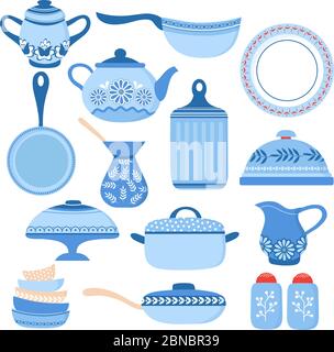 Cartoon cookware. Kitchen crockery and glassware. Dishes, cup and teapot. Cooking tools vector isolated set. Illustration of crockery and cookware Stock Vector