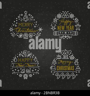 Christmas holiday decorative vector emblems with winter festive xmas line icons and greeting text on chalkboard. Illustration of new year emblem, holiday line xmas Stock Vector