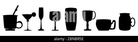 Set of black silhouettes alcohol glasses and cups for different drinks isolated on white background. For bar,banner, poster, advertising. Stock vector Stock Vector