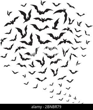 Halloween flying bats. Swarm of bat silhouettes in sky. Creepy batman halloween vector decoration. Illustration of black silhouette bat, vampire halloween Stock Vector