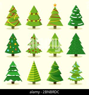 Winter colorful cartoon Christmas tree vector set. Tree christmas for holiday, green pine with garland illustration Stock Vector