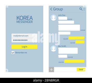 Korean messenger. Kakao talk interface with chat boxes and icons vector message template. Illustration of message phone, application kakaotalk Stock Vector