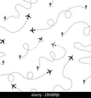 Airplane dotted flight line seamless pattern. Plane flying path. Travel concept vector wallpaper. Air plane, airplane pattern, seamless travel aircraft Stock Vector