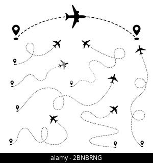 Airplane paths. Plane dashed tracing line from point. Vector set. Pathway airplane, aircraft route line, track air illustration Stock Vector